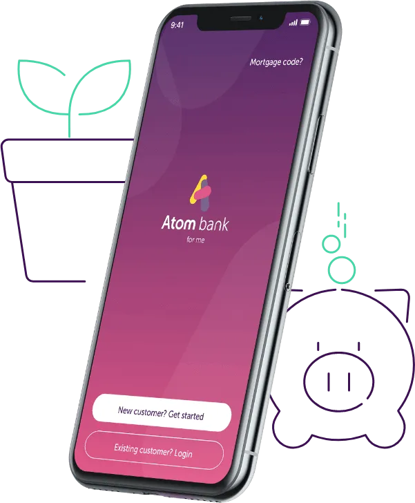 Phone displaying the Atom bank app home page with an icon of a small plant and a piggy bank in the background