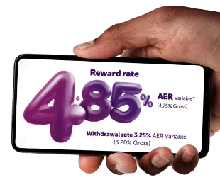 A hand holding a smartphone, showing the Atom Instant Saver Reward interest rates with reward rate 4.85% AER variable, 4.75% gross, and withdrawal rate 3.25% AER variable, 3.2% gross. Asterisk denotes there is text explaining the meaning of AER variable on the page