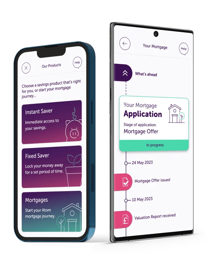 iPhone showing 'Our Products' app page, alongside Android phone showing 'Your Mortgage' app page