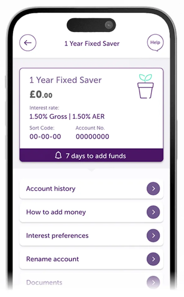 Atom Bank app showing the user's Fixed Saver account page